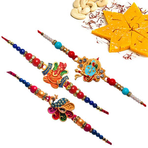 3 Rakhi - Krishna, Ganeshji, and Handicraft Rakhi With Indian Sweets
