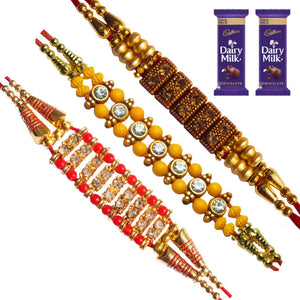 3 Rakhi - Multicolor Handicraft Rakhis With Chocolate Box