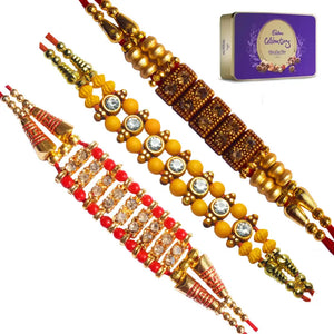 3 Rakhi - Multicolor Handicraft Rakhis With Chocolate Box