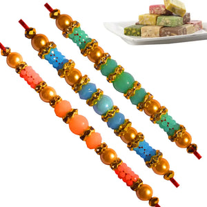 3 Rakhi - Multicolor Pearls Rakhis with Indian Sweets