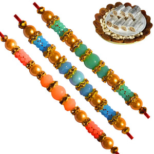 3 Rakhi - Multicolor Pearls Rakhis with Indian Sweets