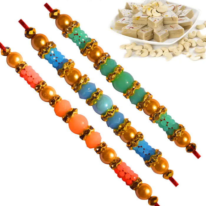 3 Rakhi - Multicolor Pearls Rakhis with Indian Sweets