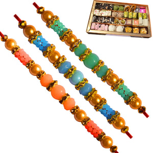3 Rakhi - Multicolor Pearls Rakhis with Indian Sweets