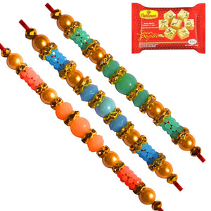 3 Rakhi - Multicolor Pearls Rakhis with Indian Sweets
