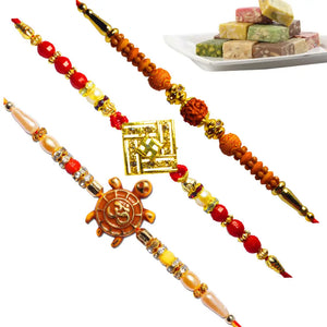 3 Rakhi - Rudraksh Swastik and OM Rakhis With Indian Sweets