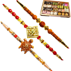 3 Rakhi - Rudraksh Swastik and OM Rakhis With Indian Sweets