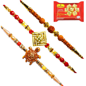 3 Rakhi - Rudraksh Swastik and OM Rakhis With Indian Sweets