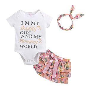 Girls White Text Print Onesie And Skirt Set with Headband