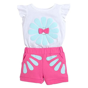 Baby Girls Cotton Floral Print T-shirt And Shorts Set in Fuchsia Color