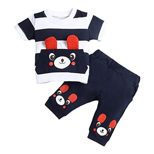 Boys Cotton Stripes Bear Print Half Sleeves T-shirt and Joggers Set In Multi Color