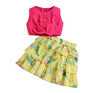 Girls Polyester Top & Floral Print Skirt Set in Pink Color