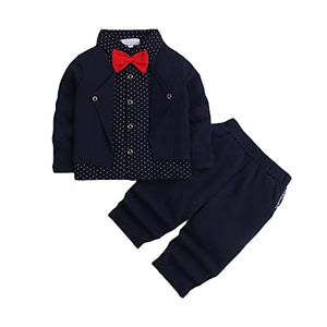 Boys Cotton Polka Dot Print Shirt and Pants Set with Bow