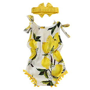 Baby Girls Cotton Lemon Print Sleeveless Onesie with Headband in Yellow Color