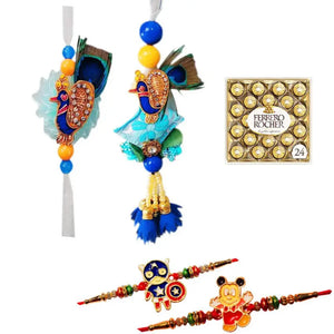 4 Rakhi - Blue Peacock Bhaiya Bhabhi Rakhi & Kids Rakhi With Chocolate