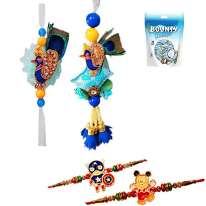 4 Rakhi - Blue Peacock Bhaiya Bhabhi Rakhi & Kids Rakhi With Chocolate