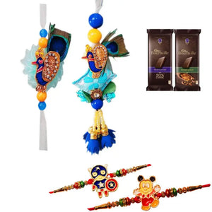 4 Rakhi - Blue Peacock Bhaiya Bhabhi Rakhi & Kids Rakhi With Chocolate