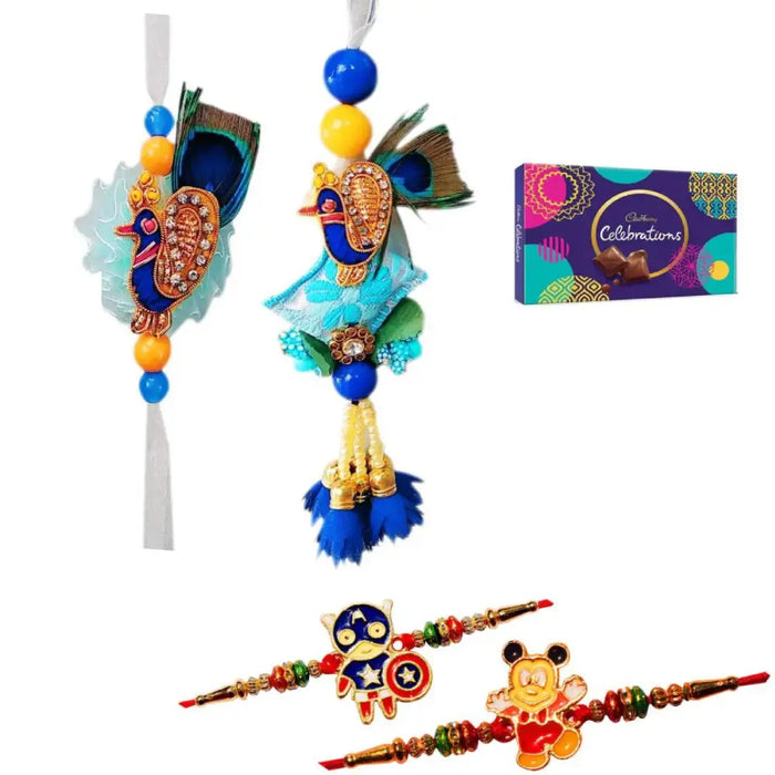 4 Rakhi - Blue Peacock Bhaiya Bhabhi Rakhi & Kids Rakhi With Chocolate