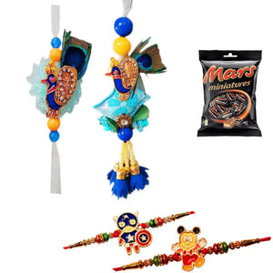4 Rakhi - Blue Peacock Bhaiya Bhabhi Rakhi & Kids Rakhi With Chocolate