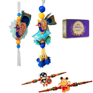 4 Rakhi - Blue Peacock Bhaiya Bhabhi Rakhi & Kids Rakhi With Chocolate