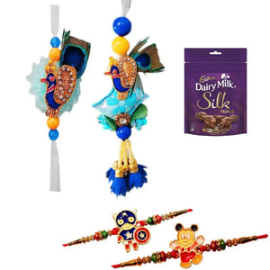 4 Rakhi - Blue Peacock Bhaiya Bhabhi Rakhi & Kids Rakhi With Chocolate
