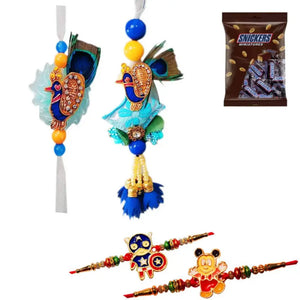 4 Rakhi - Blue Peacock Bhaiya Bhabhi Rakhi & Kids Rakhi With Chocolate