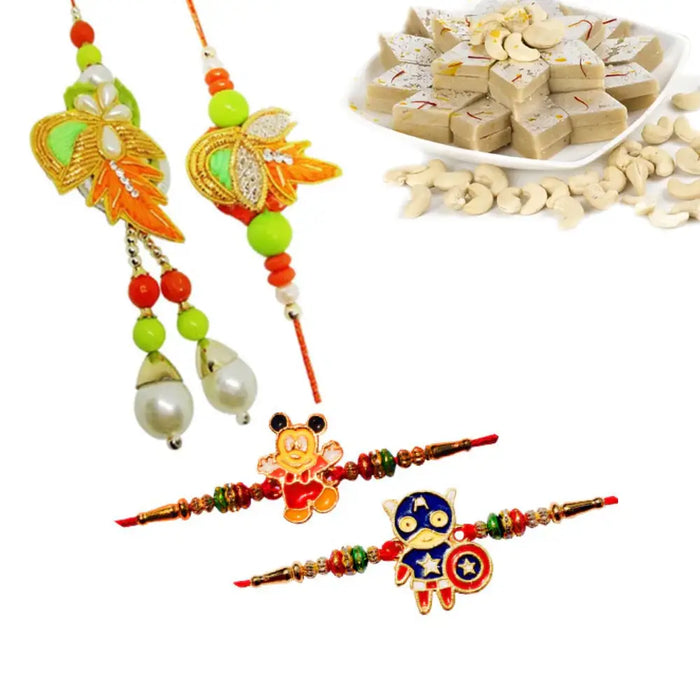 4 Rakhi - Couple Rakhi and 2 Kids Rakhi With Indian Sweets