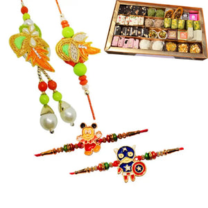 4 Rakhi - Couple Rakhi and 2 Kids Rakhi With Indian Sweets