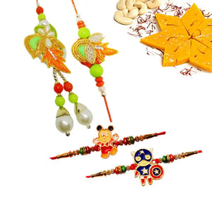 4 Rakhi - Couple Rakhi and 2 Kids Rakhi With Indian Sweets