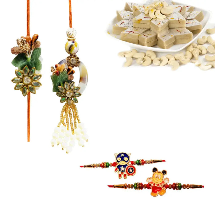 4 Rakhi - Family Rakhi Set With Bhaiya Bhabhi Rakhi And Kids Rakhi With Indian Sweets
