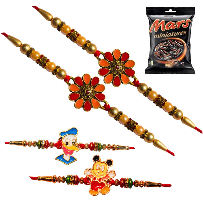 4 Rakhi - Flower Rakhi And Kids Rakhi With Chocolate Box