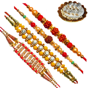 4 Rakhi - Rudraksh and AD Rakhi Set With Indian Sweets