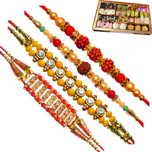 4 Rakhi - Rudraksh and AD Rakhi Set With Indian Sweets
