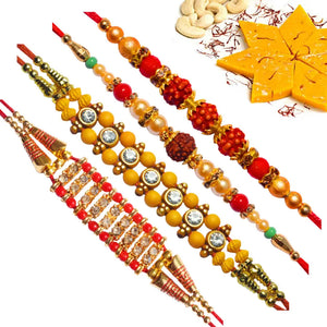 4 Rakhi - Rudraksh and AD Rakhi Set With Indian Sweets