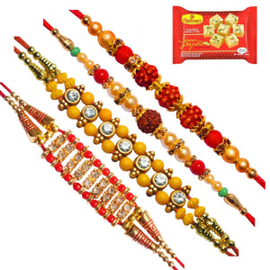 4 Rakhi - Rudraksh and AD Rakhi Set With Indian Sweets