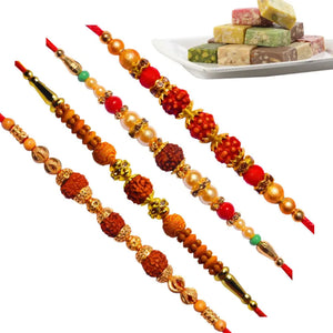 4 Rakhi - Rudraksh Rakhi Set With Indian Sweets