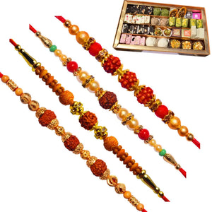 4 Rakhi - Rudraksh Rakhi Set With Indian Sweets