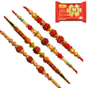 4 Rakhi - Rudraksh Rakhi Set With Indian Sweets