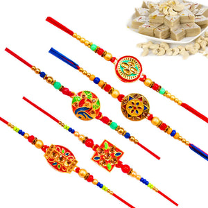 5 Rakhi - Colorful Fancy Rakhi Set With Indian Sweet