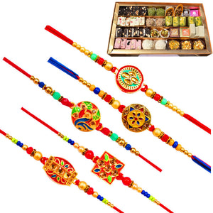5 Rakhi - Colorful Fancy Rakhi Set With Indian Sweet