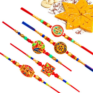 5 Rakhi - Colorful Fancy Rakhi Set With Indian Sweet