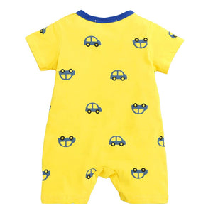 Unisex Cotton Vehicle Print Romper In Yellow Color