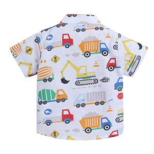Hopscotch Boys Cotton Vehicle Print Shirt And Shorts Set In White Color