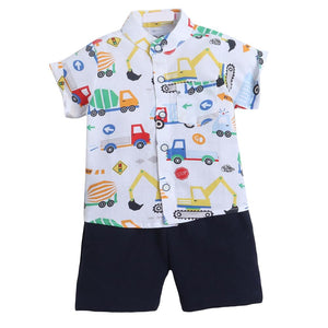 Hopscotch Boys Cotton Vehicle Print Shirt And Shorts Set In White Color