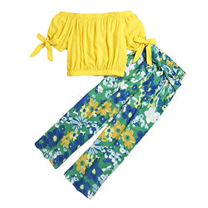 Girls Cotton Floral Print Top And Pant Set In Yellow Color