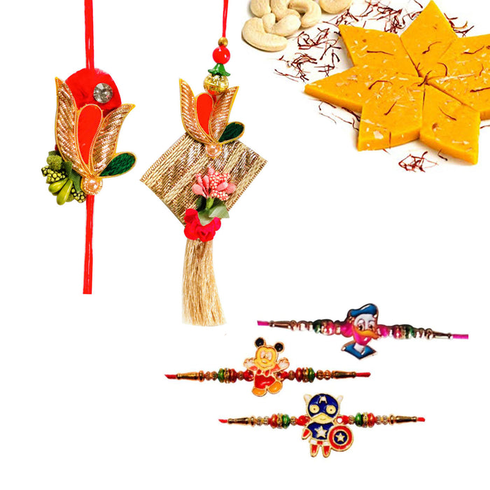 5 Rakhi - Family Rakhi Set With Kesar Kaju Katli