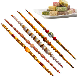 5 Rakhi - Pearls Rakhi Set With Indian Sweets