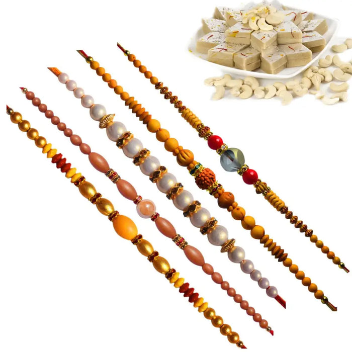 5 Rakhi - Pearls Rakhi Set With Indian Sweets