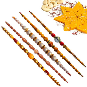 5 Rakhi - Pearls Rakhi Set With Indian Sweets