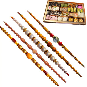 5 Rakhi - Pearls Rakhi Set With Indian Sweets