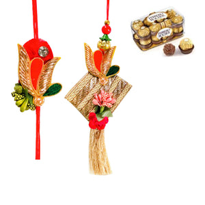 2 Rakhi - Couple Rakhi Set With Indian Sweet or Chocolates